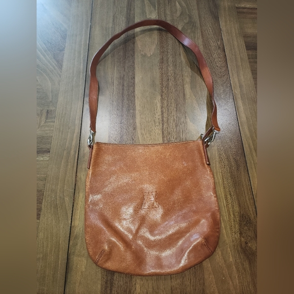 HIROFU Brown Leather Shoulder Bag Zip Closure Cognac Made In Italy - Picture 1 of 10